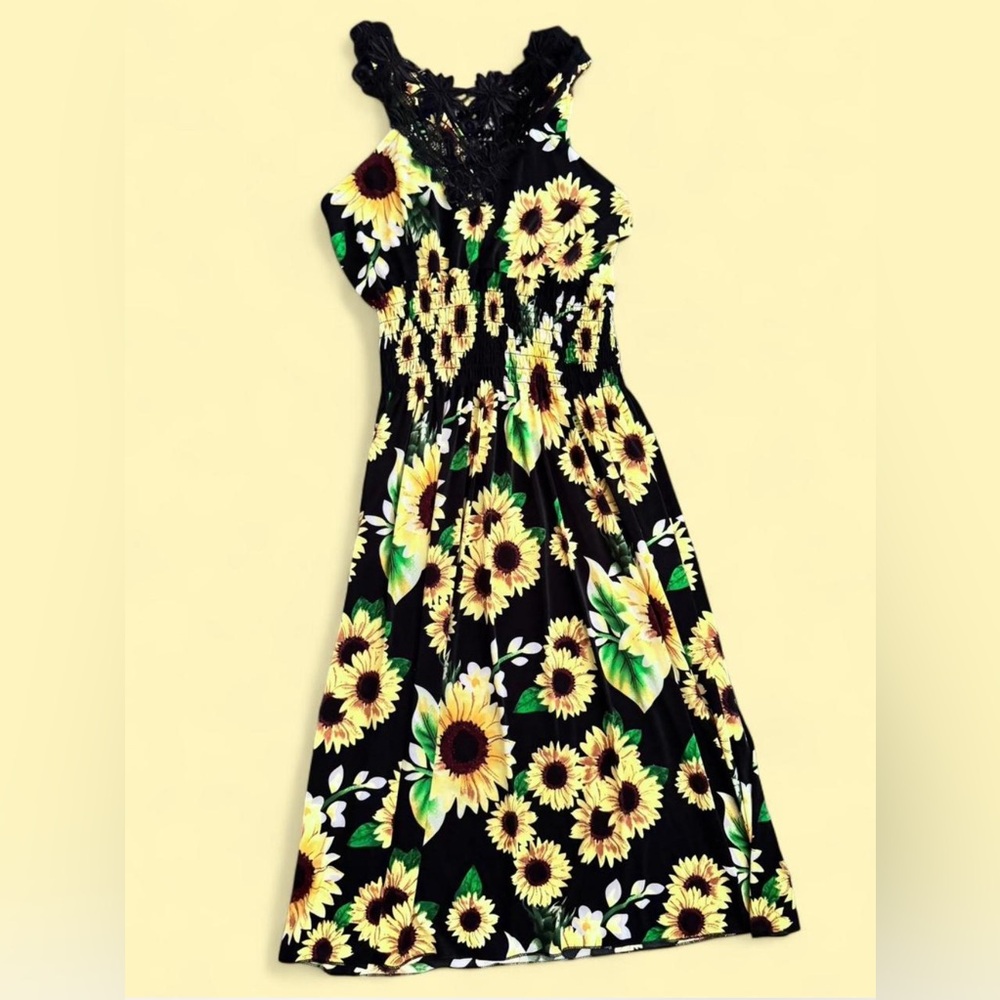 Sunflower Print Kids Dress - Black and Yellow